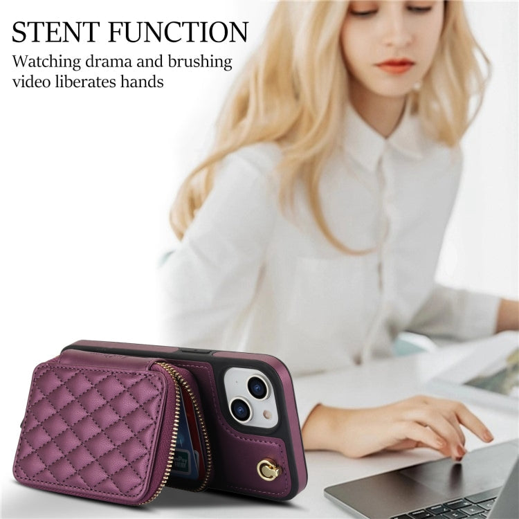 For iPhone 14 Plus AwQuer Crossbody Zipper Wallet Rhombic Leather Back Phone Case(Dark Purple)