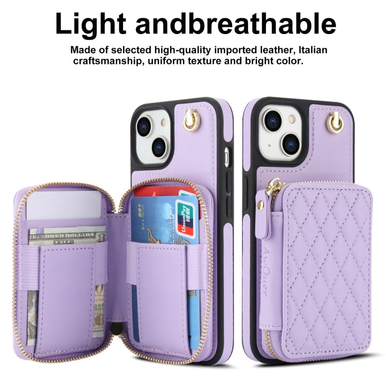 For iPhone 14 Plus AwQuer Crossbody Zipper Wallet Rhombic Leather Back Phone Case(Purple)