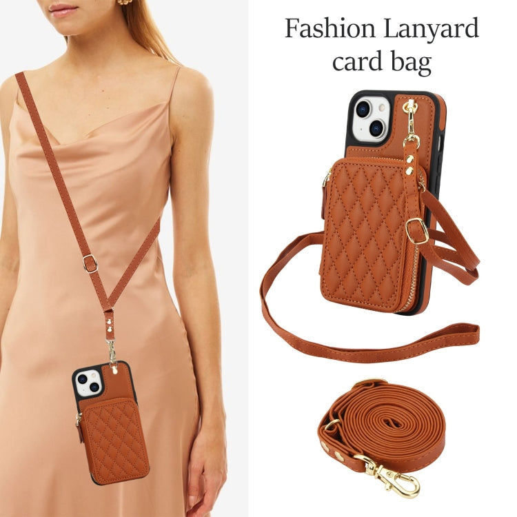 For iPhone 14 Plus AwQuer Crossbody Zipper Wallet Rhombic Leather Back Phone Case(Brown)