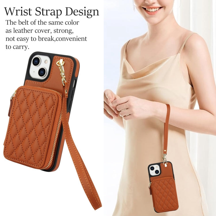 For iPhone 14 Plus AwQuer Crossbody Zipper Wallet Rhombic Leather Back Phone Case(Brown)