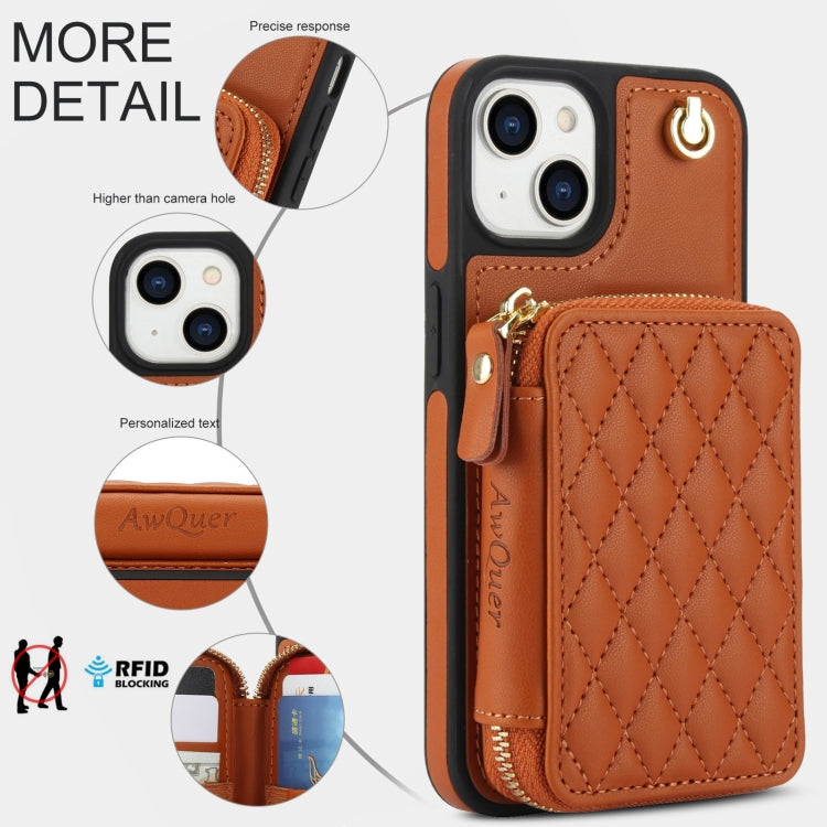 For iPhone 14 Plus AwQuer Crossbody Zipper Wallet Rhombic Leather Back Phone Case(Brown)