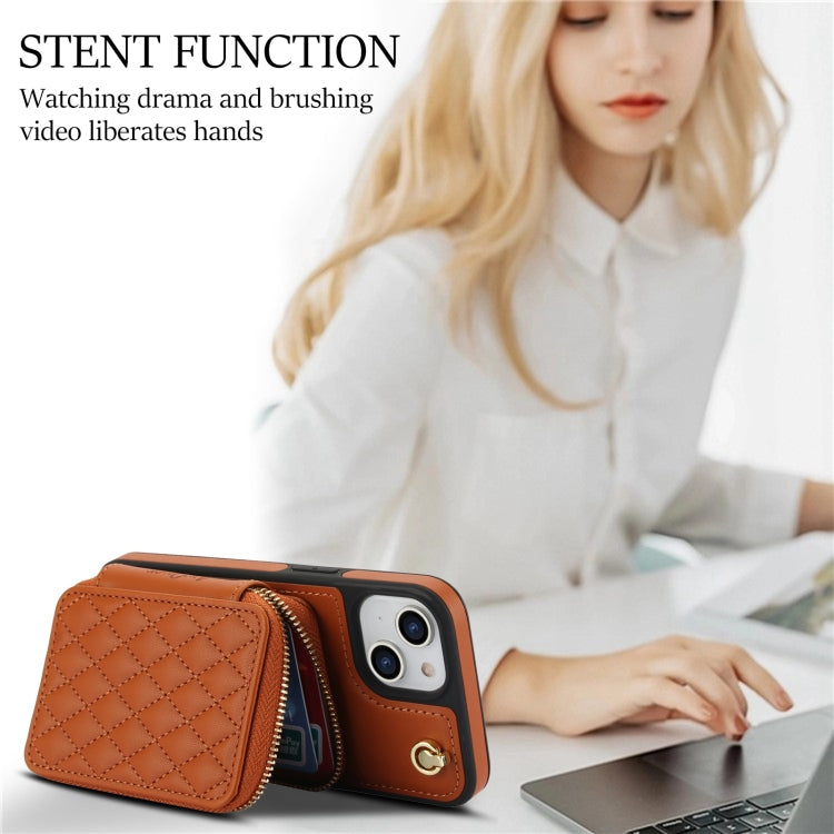 For iPhone 14 Plus AwQuer Crossbody Zipper Wallet Rhombic Leather Back Phone Case(Brown)