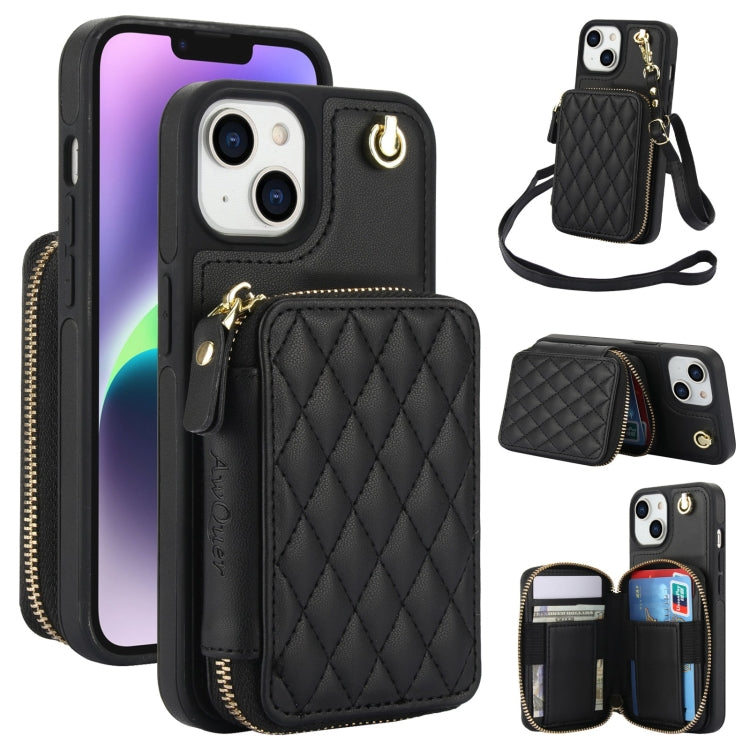 For iPhone 14 / 13 AwQuer Crossbody Zipper Wallet Rhombic Leather Back Phone Case(Black)
