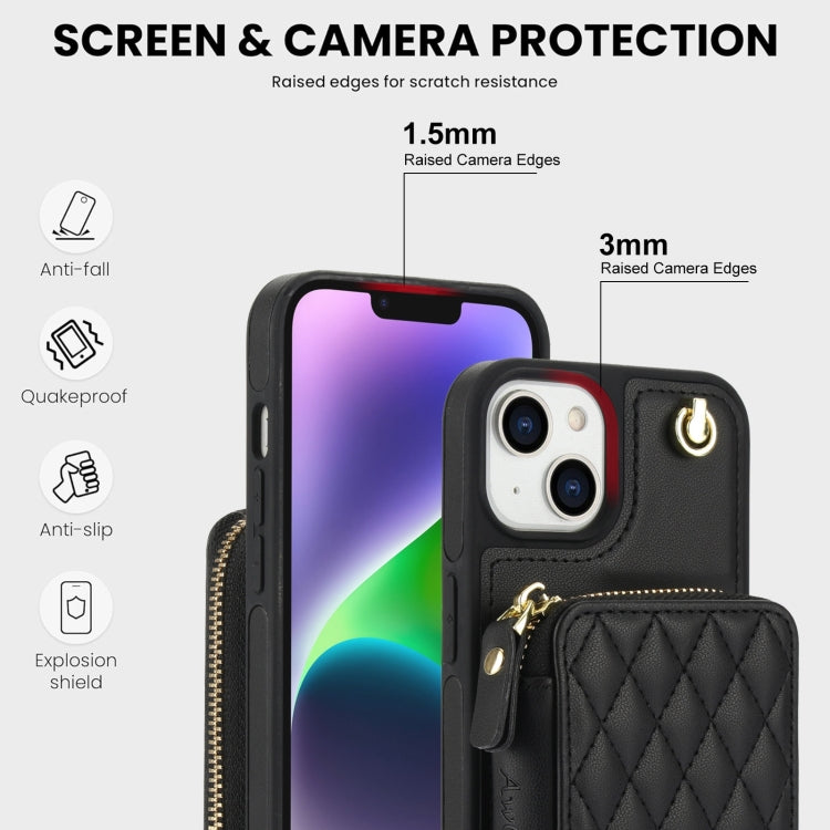 For iPhone 14 / 13 AwQuer Crossbody Zipper Wallet Rhombic Leather Back Phone Case(Black)