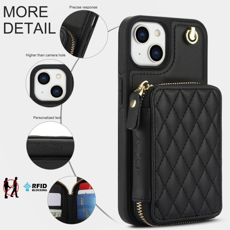 For iPhone 14 / 13 AwQuer Crossbody Zipper Wallet Rhombic Leather Back Phone Case(Black)