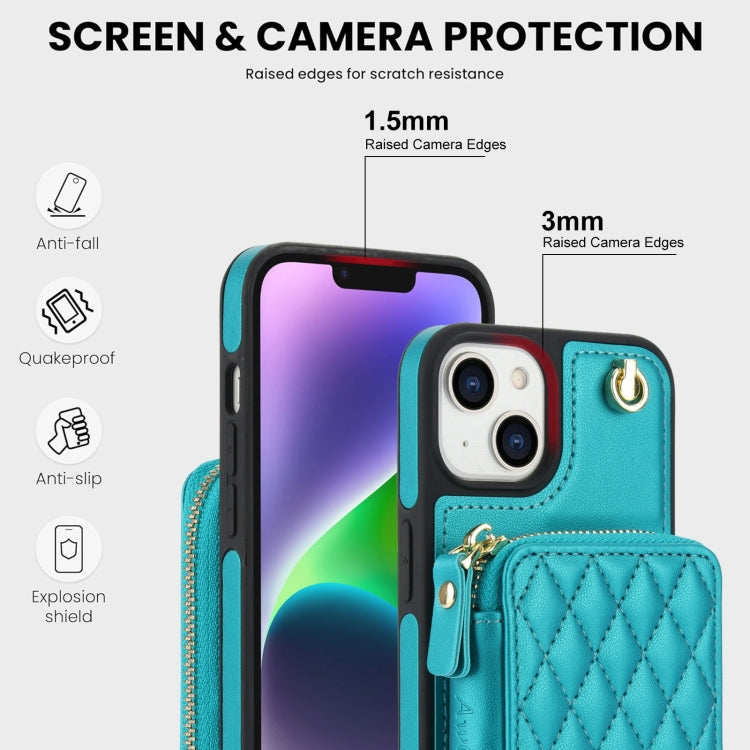 For iPhone 14 / 13 AwQuer Crossbody Zipper Wallet Rhombic Leather Back Phone Case(Green)