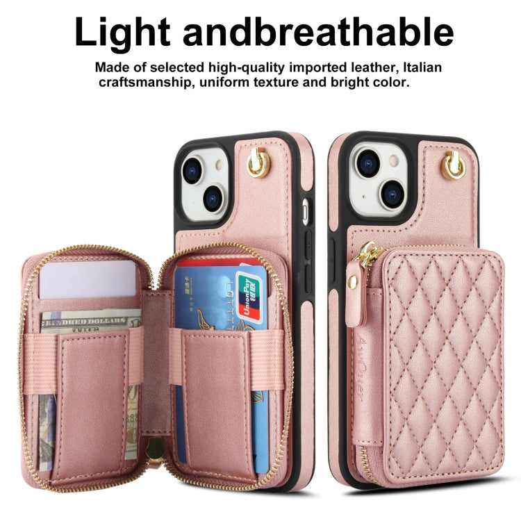 For iPhone 14 / 13 AwQuer Crossbody Zipper Wallet Rhombic Leather Back Phone Case(Rose Gold)