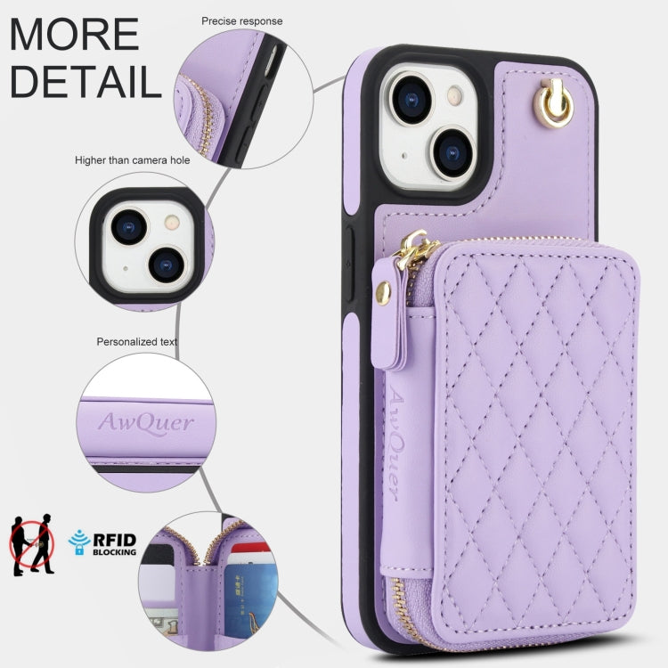 For iPhone 14 / 13 AwQuer Crossbody Zipper Wallet Rhombic Leather Back Phone Case(Purple)