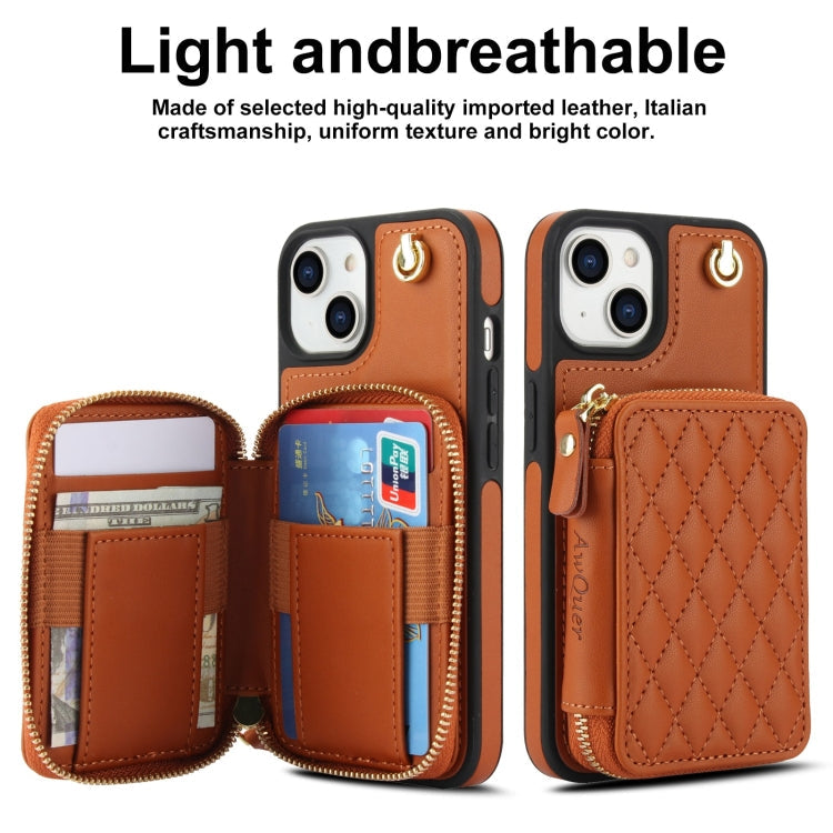 For iPhone 14 / 13 AwQuer Crossbody Zipper Wallet Rhombic Leather Back Phone Case(Brown)