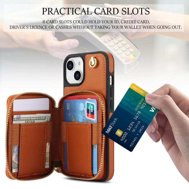 For iPhone 14 / 13 AwQuer Crossbody Zipper Wallet Rhombic Leather Back Phone Case(Brown)