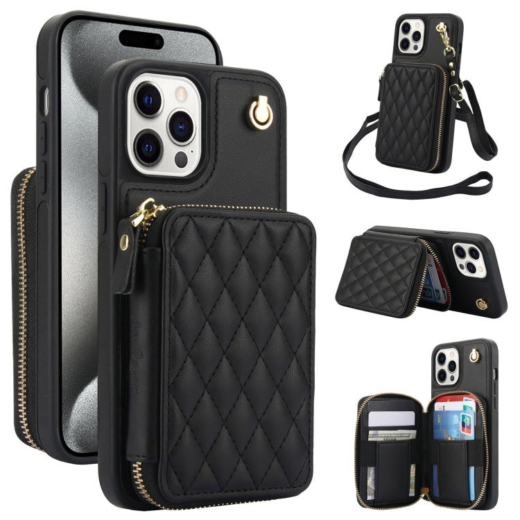 For iPhone 14 Pro AwQuer Crossbody Zipper Wallet Rhombic Leather Back Phone Case(Black)