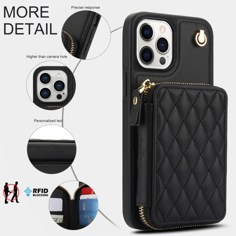 For iPhone 14 Pro AwQuer Crossbody Zipper Wallet Rhombic Leather Back Phone Case(Black)