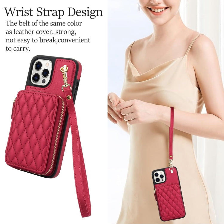 For iPhone 14 Pro AwQuer Crossbody Zipper Wallet Rhombic Leather Back Phone Case(Red)
