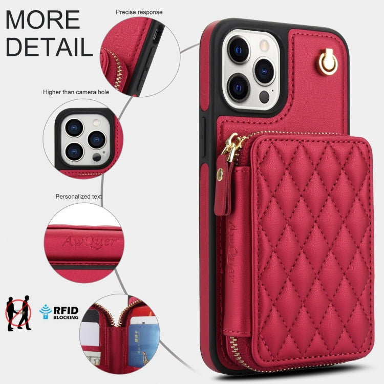 For iPhone 14 Pro AwQuer Crossbody Zipper Wallet Rhombic Leather Back Phone Case(Red)