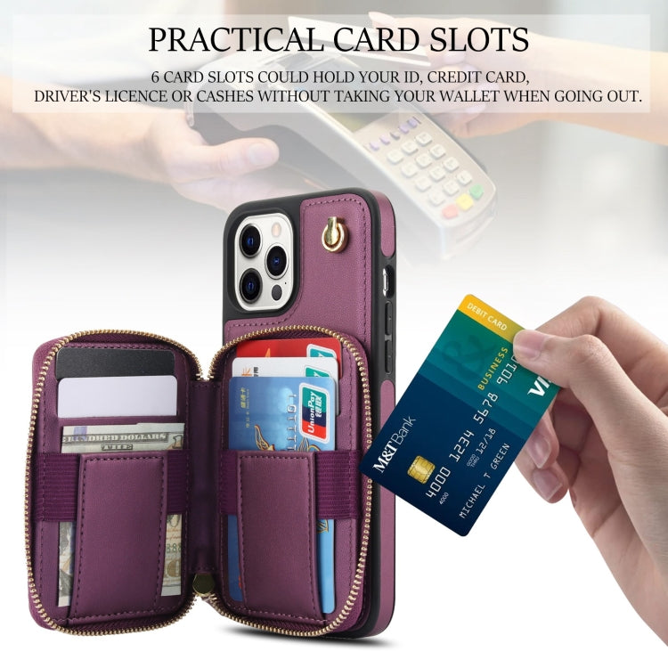 For iPhone 14 Pro AwQuer Crossbody Zipper Wallet Rhombic Leather Back Phone Case(Dark Purple)