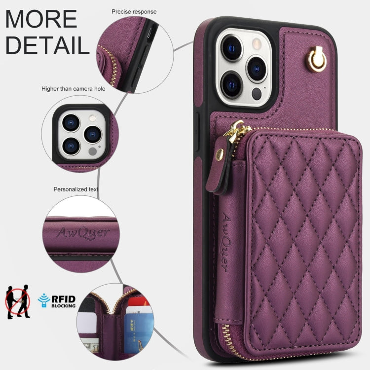 For iPhone 14 Pro AwQuer Crossbody Zipper Wallet Rhombic Leather Back Phone Case(Dark Purple)