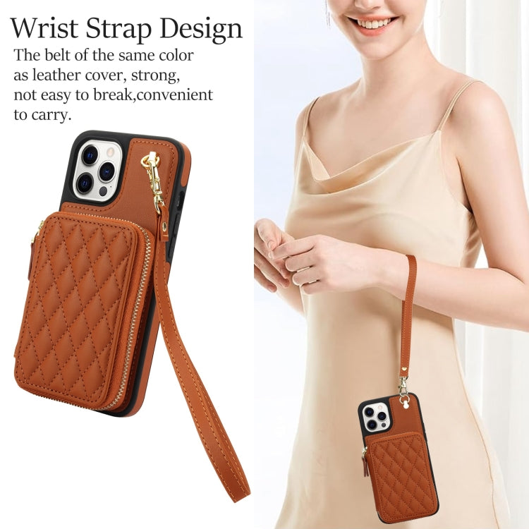 For iPhone 14 Pro AwQuer Crossbody Zipper Wallet Rhombic Leather Back Phone Case(Brown)
