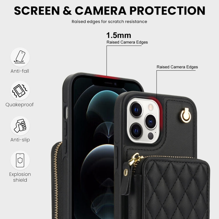 For iPhone 14 Pro Max AwQuer Crossbody Zipper Wallet Rhombic Leather Back Phone Case(Black)