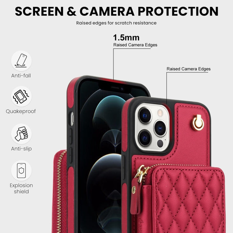 For iPhone 14 Pro Max AwQuer Crossbody Zipper Wallet Rhombic Leather Back Phone Case(Red)