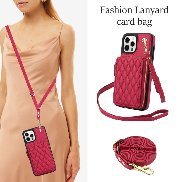 For iPhone 14 Pro Max AwQuer Crossbody Zipper Wallet Rhombic Leather Back Phone Case(Red)