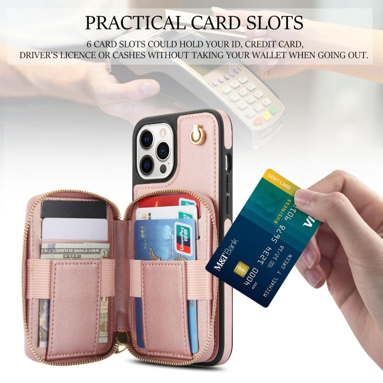 For iPhone 14 Pro Max AwQuer Crossbody Zipper Wallet Rhombic Leather Back Phone Case(Rose Gold)
