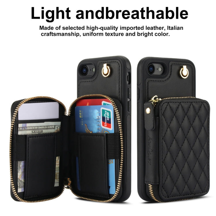 For iPhone 7 / 8 / SE 2022 AwQuer Crossbody Zipper Wallet Rhombic Leather Back Phone Case(Black)