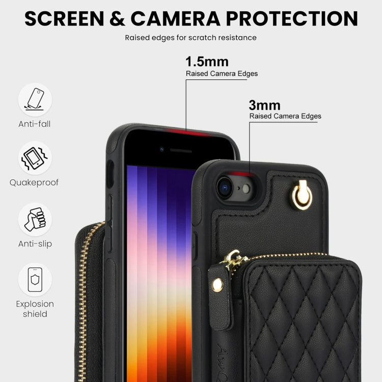 For iPhone 7 / 8 / SE 2022 AwQuer Crossbody Zipper Wallet Rhombic Leather Back Phone Case(Black)