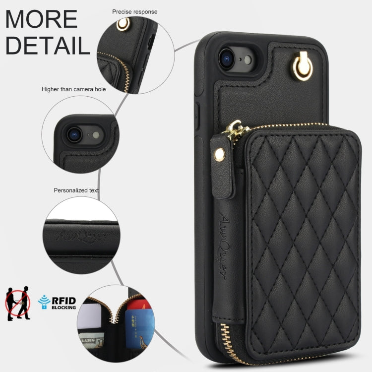 For iPhone 7 / 8 / SE 2022 AwQuer Crossbody Zipper Wallet Rhombic Leather Back Phone Case(Black)