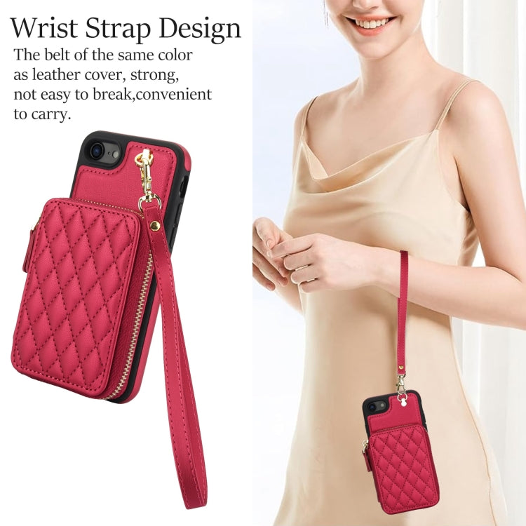 For iPhone 7 / 8 / SE 2022 AwQuer Crossbody Zipper Wallet Rhombic Leather Back Phone Case(Red)