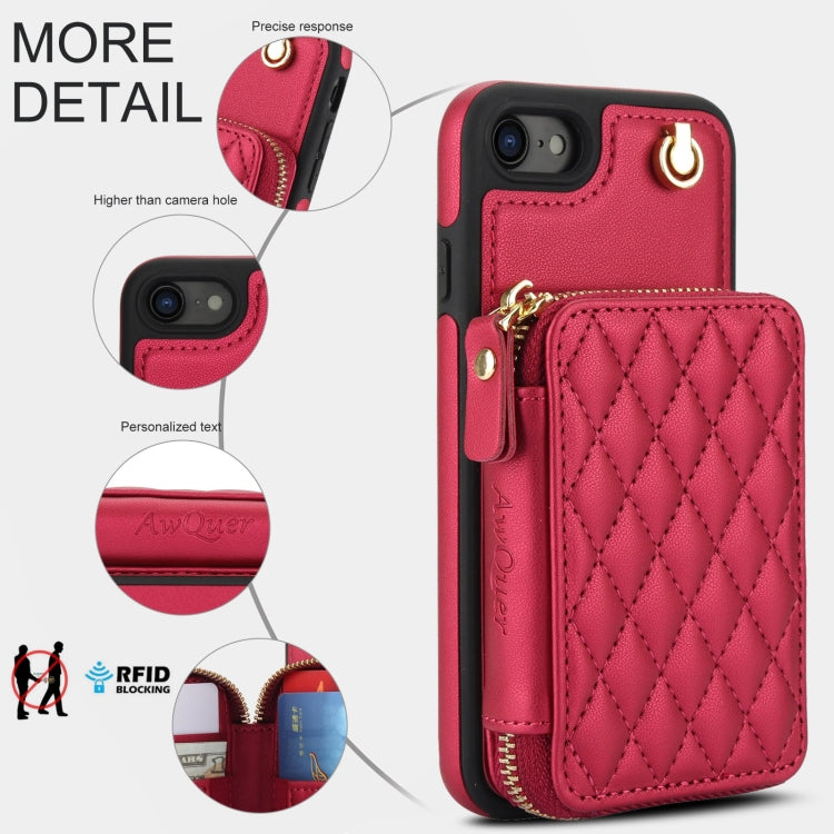 For iPhone 7 / 8 / SE 2022 AwQuer Crossbody Zipper Wallet Rhombic Leather Back Phone Case(Red)