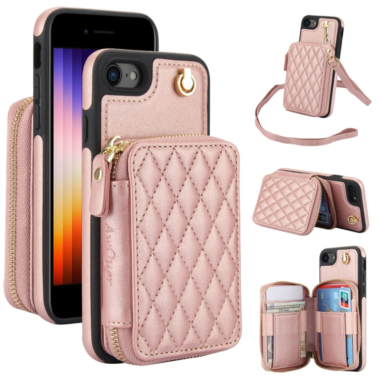 For iPhone 7 / 8 / SE 2022 AwQuer Crossbody Zipper Wallet Rhombic Leather Back Phone Case(Rose Gold)