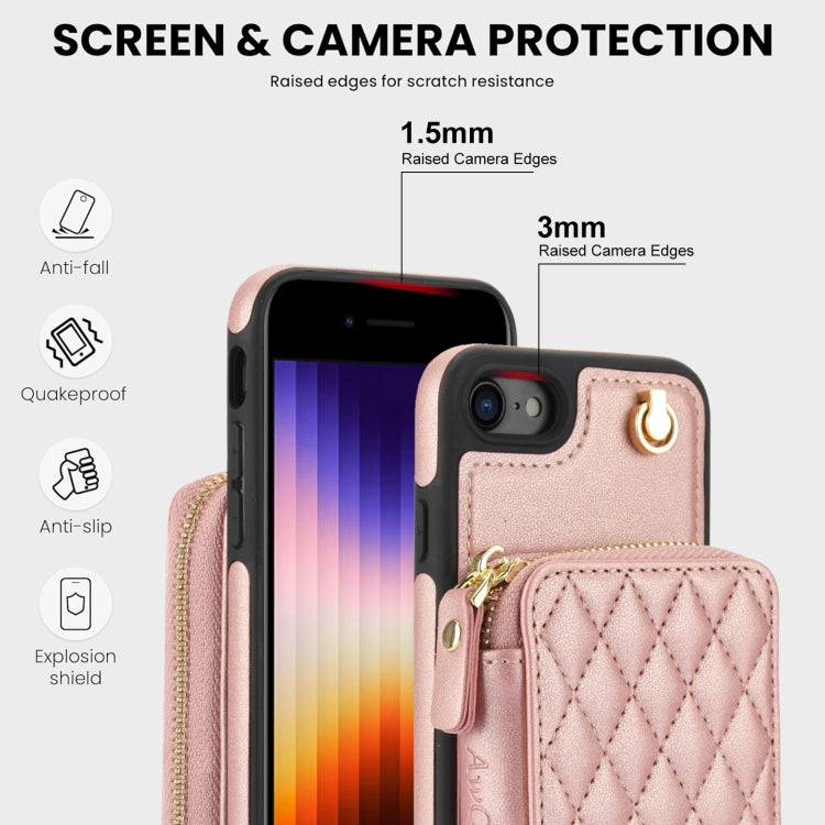 For iPhone 7 / 8 / SE 2022 AwQuer Crossbody Zipper Wallet Rhombic Leather Back Phone Case(Rose Gold)