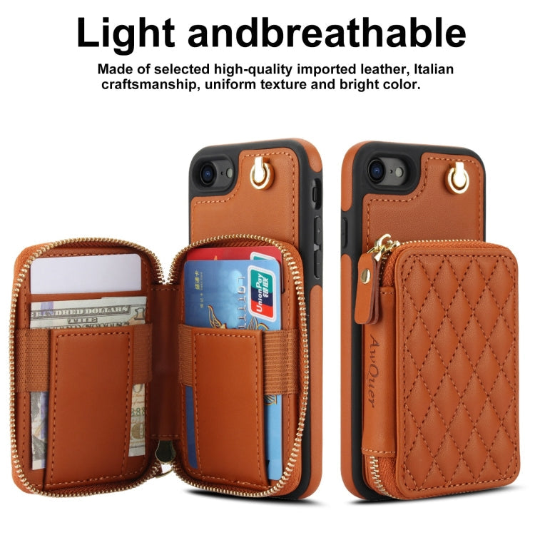 For iPhone 7 / 8 / SE 2022 AwQuer Crossbody Zipper Wallet Rhombic Leather Back Phone Case(Brown)