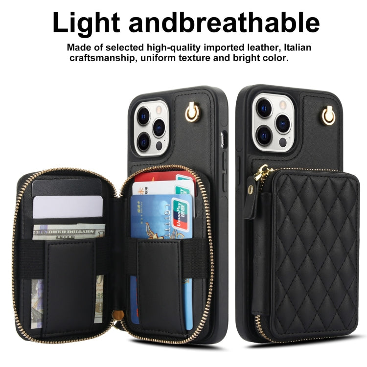 For iPhone 13 Pro Max AwQuer Crossbody Zipper Wallet Rhombic Leather Back Phone Case(Black)