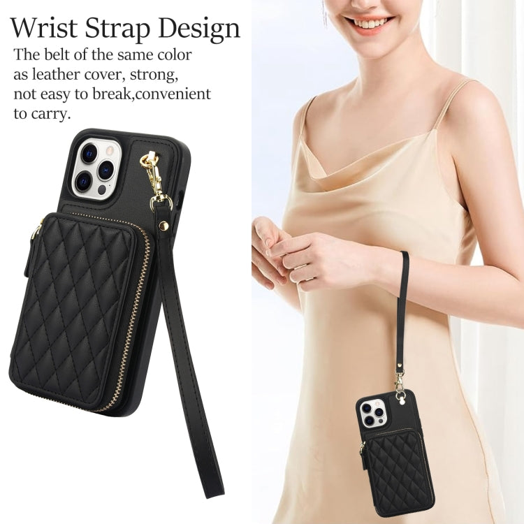 For iPhone 13 Pro Max AwQuer Crossbody Zipper Wallet Rhombic Leather Back Phone Case(Black)