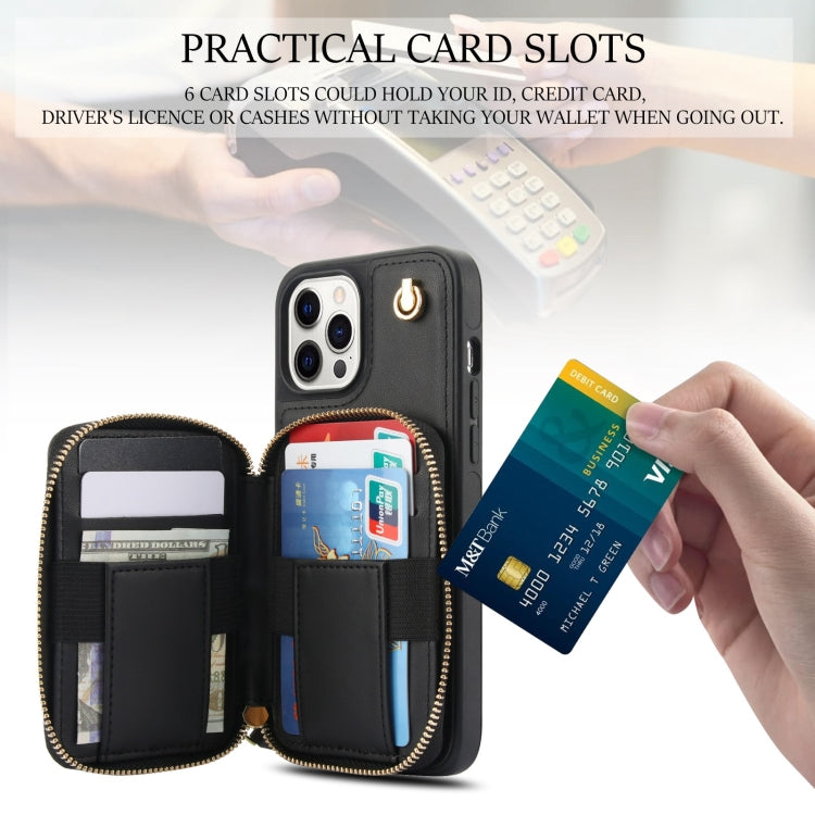 For iPhone 13 Pro Max AwQuer Crossbody Zipper Wallet Rhombic Leather Back Phone Case(Black)