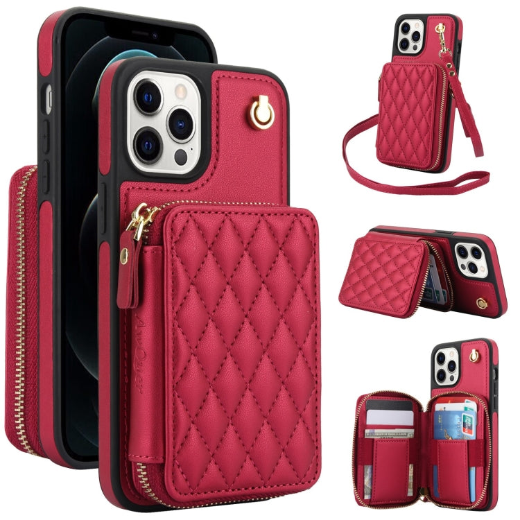 For iPhone 13 Pro Max AwQuer Crossbody Zipper Wallet Rhombic Leather Back Phone Case(Red)