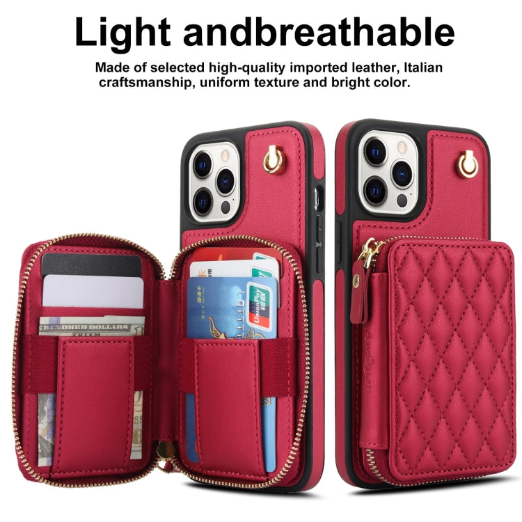 For iPhone 13 Pro Max AwQuer Crossbody Zipper Wallet Rhombic Leather Back Phone Case(Red)