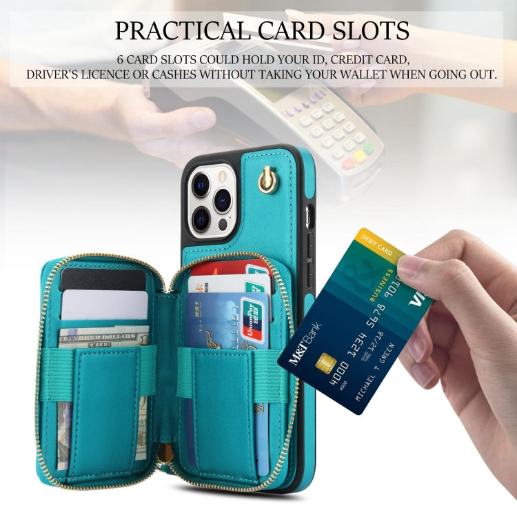 For iPhone 13 Pro Max AwQuer Crossbody Zipper Wallet Rhombic Leather Back Phone Case(Green)