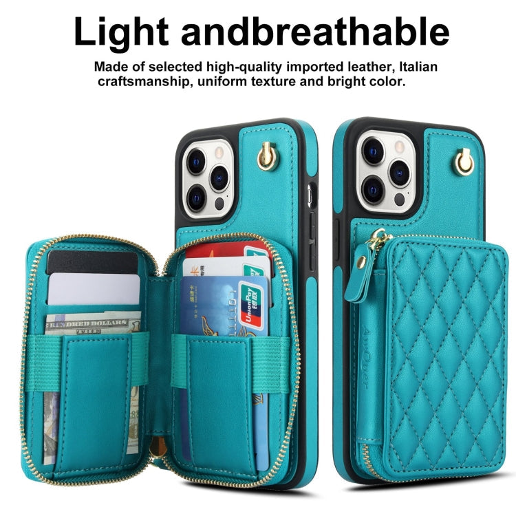 For iPhone 12 / 12 Pro AwQuer Crossbody Zipper Wallet Rhombic Leather Back Phone Case(Green)