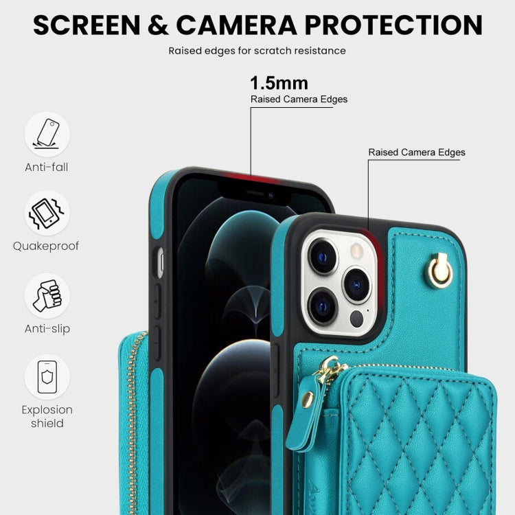 For iPhone 12 / 12 Pro AwQuer Crossbody Zipper Wallet Rhombic Leather Back Phone Case(Green)