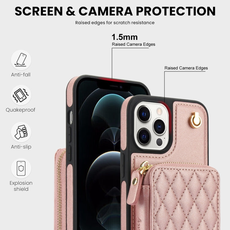 For iPhone 12 / 12 Pro AwQuer Crossbody Zipper Wallet Rhombic Leather Back Phone Case(Rose Gold)