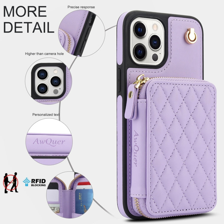 For iPhone 12 / 12 Pro AwQuer Crossbody Zipper Wallet Rhombic Leather Back Phone Case(Purple)