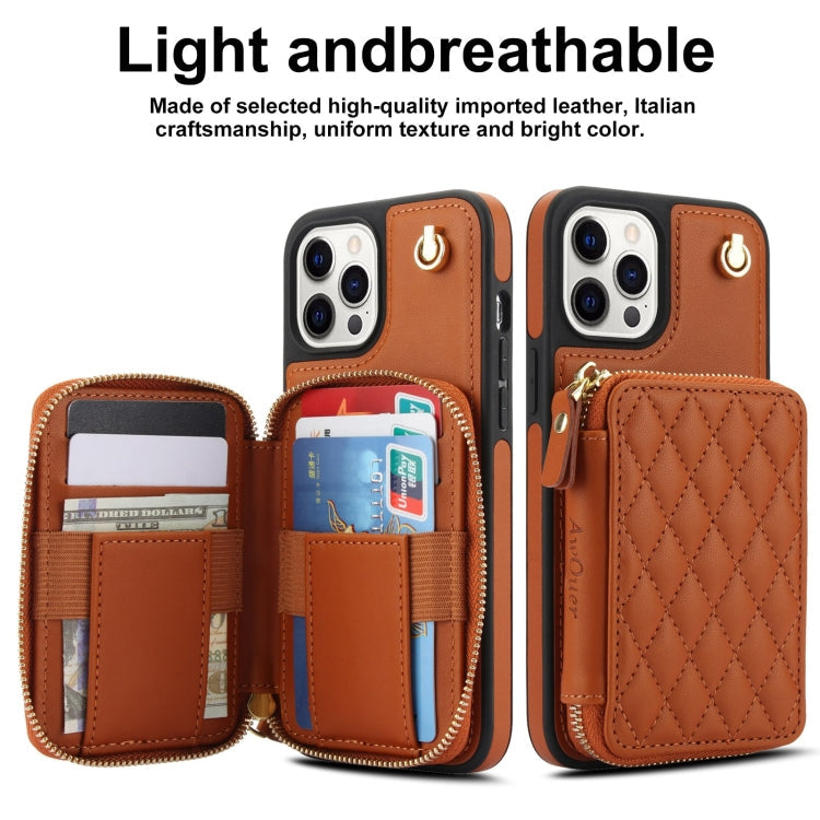 For iPhone 12 / 12 Pro AwQuer Crossbody Zipper Wallet Rhombic Leather Back Phone Case(Brown)