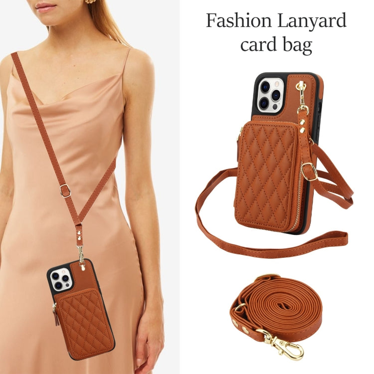 For iPhone 12 / 12 Pro AwQuer Crossbody Zipper Wallet Rhombic Leather Back Phone Case(Brown)