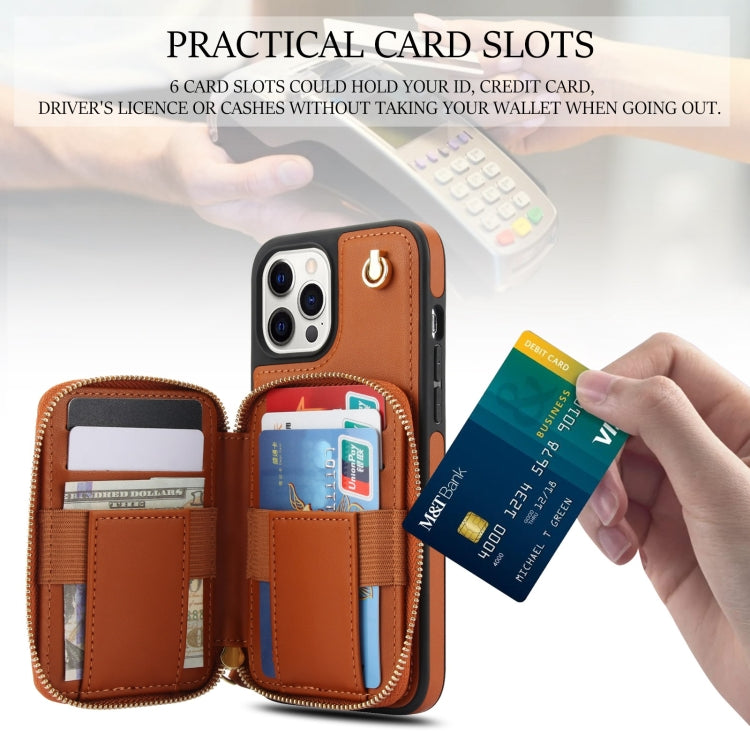 For iPhone 12 / 12 Pro AwQuer Crossbody Zipper Wallet Rhombic Leather Back Phone Case(Brown)