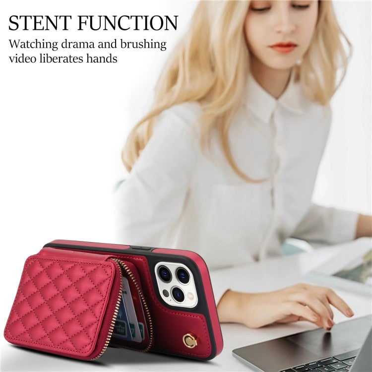 For iPhone 12 Pro Max AwQuer Crossbody Zipper Wallet Rhombic Leather Back Phone Case(Red)