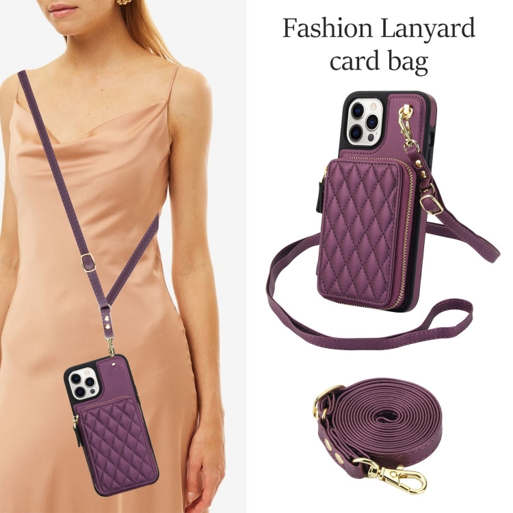 For iPhone 12 Pro Max AwQuer Crossbody Zipper Wallet Rhombic Leather Back Phone Case(Dark Purple)