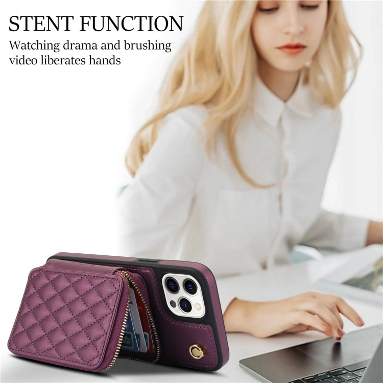 For iPhone 12 Pro Max AwQuer Crossbody Zipper Wallet Rhombic Leather Back Phone Case(Dark Purple)