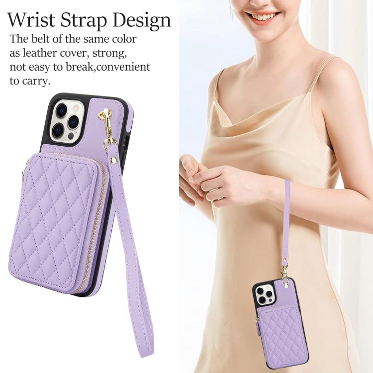 For iPhone 12 Pro Max AwQuer Crossbody Zipper Wallet Rhombic Leather Back Phone Case(Purple)